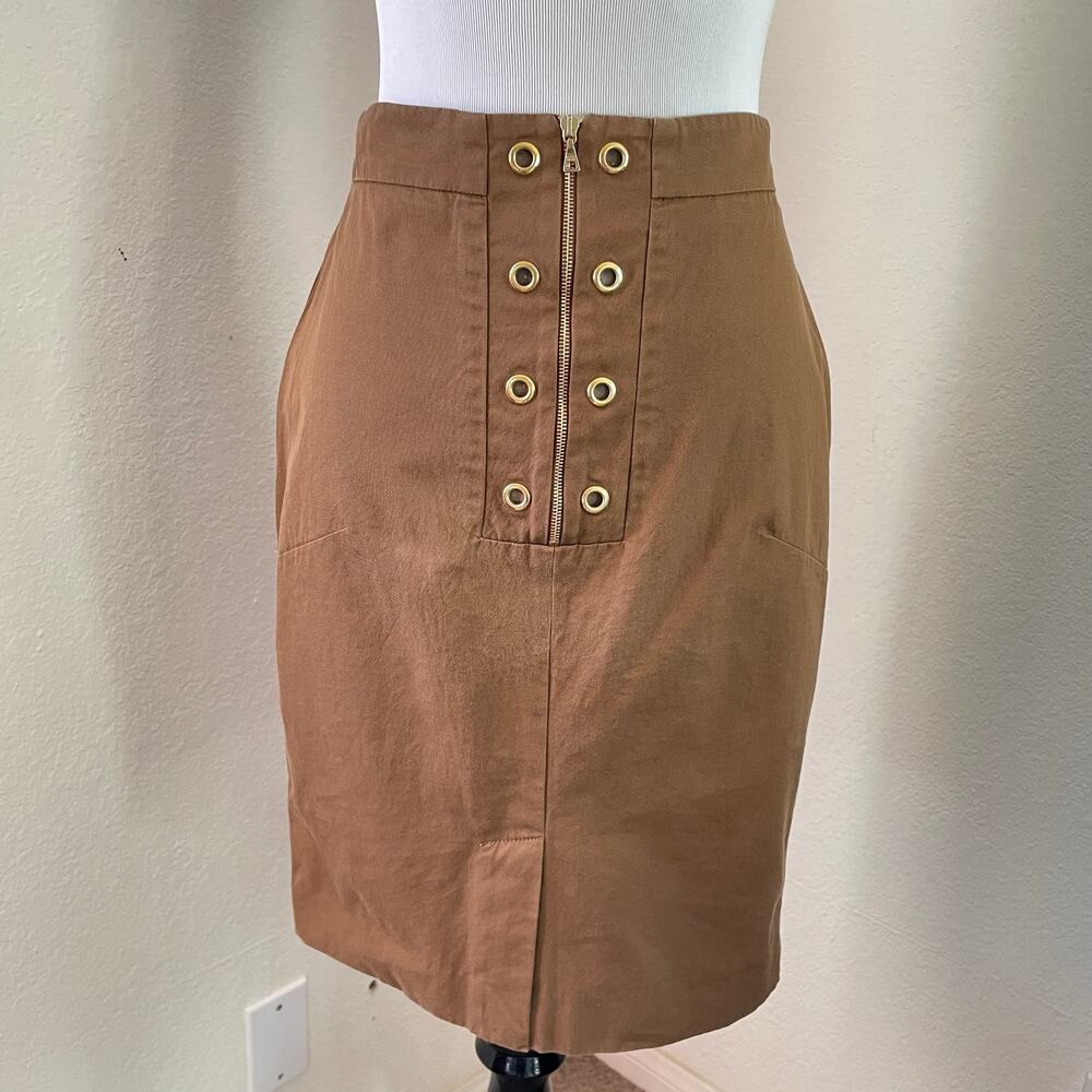Prada Brown Midi Skirt Gold Grommet Zip Italy Size 46 Minimalist Luxury Classic - Picture 2 of 14